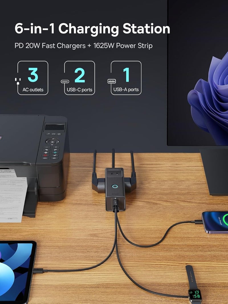 Baseus موزع الطاقة PD20W شاحن USB C مع 3 مآخذ AC و 3 منافذ USB محطة شحن سريعة للمكتب وغرفة النوم والمنزل - Image 2